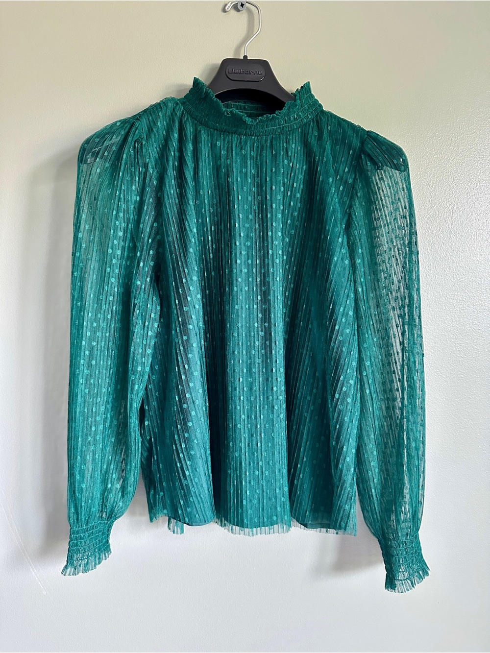 Green Sheer Dot Ruffle-Neck Blouse